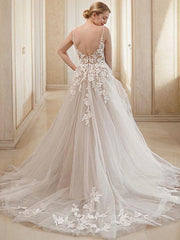 Wedding Dress Shopping, A-Line/Princess V-neck Court Train Tulle Wedding Dresses With Appliques Lace