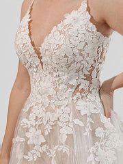 Wedding Dresses Beach, A-Line/Princess V-neck Court Train Tulle Wedding Dresses With Appliques Lace