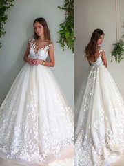 Wedding Dresses For, A-Line/Princess V-neck Court Train Tulle Wedding Dresses With Appliques Lace