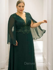 Prom Dress With Pocket, A-Line/Princess V-neck Floor-Length 30D Chiffon Mother of the Bride Dresses With Appliques Lace