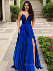 Formal Dresses With Sleeves For Weddings, A-Line/Princess V-neck Floor-Length Chiffon Prom Dresses With Leg Slit