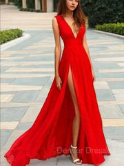 Party Dress Store, A-Line/Princess V-neck Floor-Length Chiffon Prom Dresses With Leg Slit