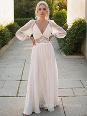 Wedding Dresses Short Bride, A-line/Princess V-neck Floor-Length Chiffon Wedding Dress