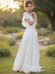 Wedding Dress Designs, A-Line/Princess V-neck Floor-Length Chiffon Wedding Dresses With Belt/Sash