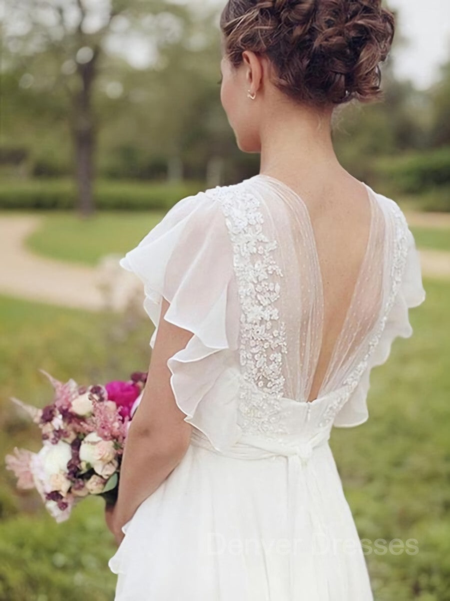 Wedding Dress Collection, A-Line/Princess V-neck Floor-Length Chiffon Wedding Dresses With Belt/Sash