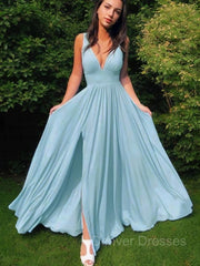 Formal Dress Long Gown, A-Line/Princess V-neck Floor-Length Jersey Prom Dresses With Leg Slit