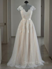 Wedding Dresses Flowers, A-Line/Princess V-neck Floor-Length Lace Wedding Dresses With Appliques Lace