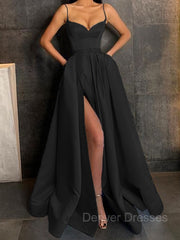 Bridesmaid Dress Custom, A-Line/Princess V-neck Floor-Length Satin Prom Dresses With Leg Slit