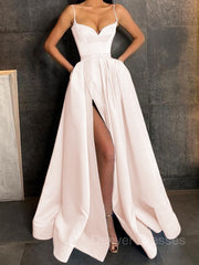 Bridesmaid Dresses Beach, A-Line/Princess V-neck Floor-Length Satin Prom Dresses With Leg Slit
