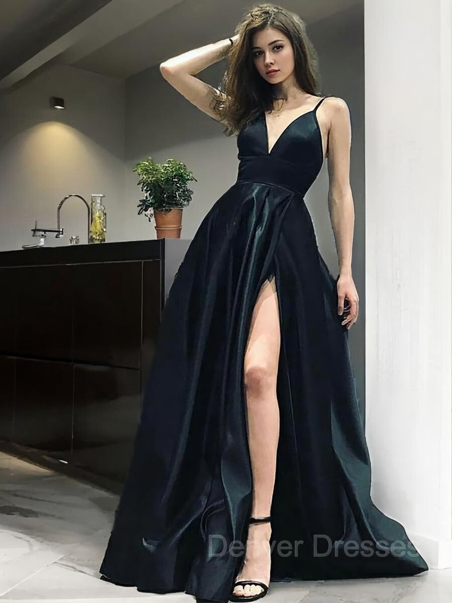 Party Dress On Sale, A-Line/Princess V-neck Floor-Length Satin Prom Dresses With Leg Slit