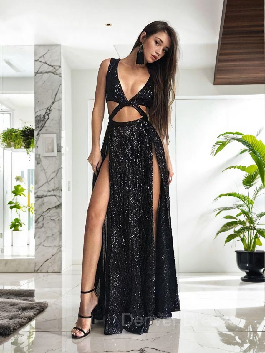 Evening Dresses Stunning, A-Line/Princess V-neck Floor-Length Sequins Prom Dresses With Leg Slit