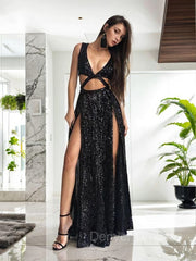 Evening Dresses Stunning, A-Line/Princess V-neck Floor-Length Sequins Prom Dresses With Leg Slit