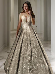 Formal Dress Modest, A-Line/Princess V-neck Floor-Length Sequins Prom Dresses With Ruffles