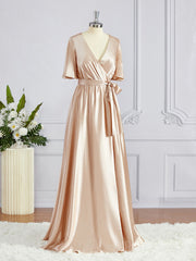 Club Outfit For Women, A-Line/Princess V-neck Floor-Length Silk like Satin Bridesmaid Dresses with Belt/Sash