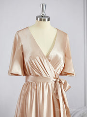 Prom Dress Pink, A-Line/Princess V-neck Floor-Length Silk like Satin Bridesmaid Dresses with Belt/Sash