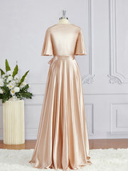 Dress Aesthetic, A-Line/Princess V-neck Floor-Length Silk like Satin Bridesmaid Dresses with Belt/Sash