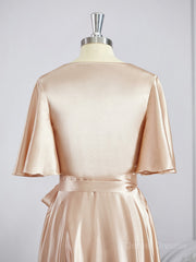 Mini Dress Formal, A-Line/Princess V-neck Floor-Length Silk like Satin Bridesmaid Dresses with Belt/Sash