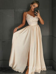 Prom Dress Long Elegant, A-Line/Princess V-neck Floor-Length Silk like Satin Prom Dresses With Leg Slit