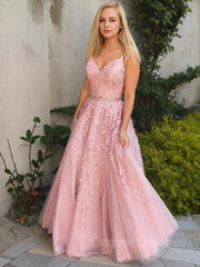 Prom Dresses Mermaide, A-Line/Princess V-neck Floor-Length Tulle Evening Dresses With Appliques Lace