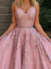 Prom Dress Mermaid, A-Line/Princess V-neck Floor-Length Tulle Evening Dresses With Appliques Lace