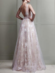 Homecoming Dresses Pretty, A-Line/Princess V-neck Floor-Length Tulle Evening Dresses With Appliques Lace