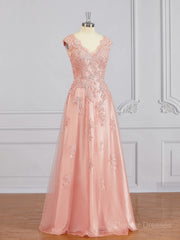 Formal Dresses Gown, A-Line/Princess V-neck Floor-Length Tulle Mother of the Bride Dresses With Appliques Lace