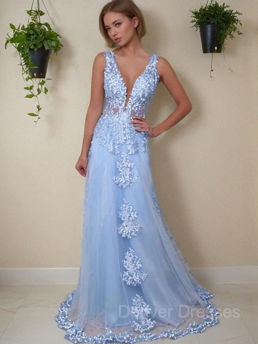 Wedding Guest Dress Summer, A-Line/Princess V-neck Floor-Length Tulle Prom Dresses With Appliques Lace