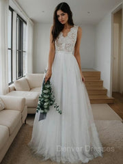 Wedding Dress Online Shopping, A-Line/Princess V-neck Floor-Length Tulle Wedding Dresses
