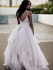 Wedding Dress Top, A-Line/Princess V-neck Floor-Length Tulle Wedding Dresses With Appliques Lace