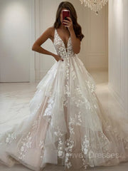 Wedding Dresses Mermaid, A-Line/Princess V-neck Floor-Length Tulle Wedding Dresses With Appliques Lace