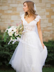 Wedding Dress Fall, A-Line/Princess V-neck Floor-Length Tulle Wedding Dresses With Bow