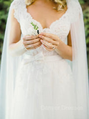 Wedding Dress White, A-Line/Princess V-neck Floor-Length Tulle Wedding Dresses With Bow