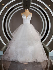 Wedding Dress Fashion, A-Line/Princess V-neck Floor-Length Tulle Wedding Dresses with Ruffles