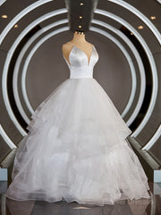 Wedding Dress And Shoe, A-Line/Princess V-neck Floor-Length Tulle Wedding Dresses with Ruffles