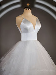Wedding Dress And Shoes, A-Line/Princess V-neck Floor-Length Tulle Wedding Dresses with Ruffles