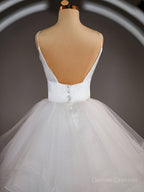 Wedding Dress For Bridesmaid, A-Line/Princess V-neck Floor-Length Tulle Wedding Dresses with Ruffles
