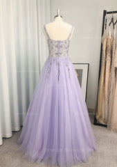 Party Dress For Baby, A-line/Princess V Neck Long/Floor-Length Tulle Prom Dress With Beading Sequins