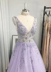 Party Dresses For Babies, A-line/Princess V Neck Long/Floor-Length Tulle Prom Dress With Beading Sequins