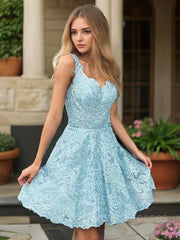 Burgundy Prom Dress, A-Line/Princess V-neck Short/Mini Lace Homecoming Dresses