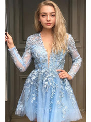 Dress Formal, A-Line/Princess V-neck Short/Mini Lace Homecoming Dresses With Appliques Lace