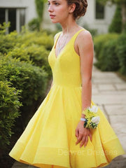 Prom Dresses Ball Gown Style, A-Line/Princess V-neck Short/Mini Satin Homecoming Dresses With Ruffles
