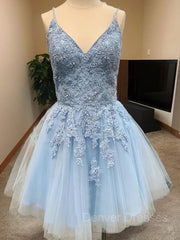 Prom Dresses Sweetheart, A-Line/Princess V-neck Short/Mini Tulle Homecoming Dresses With Appliques Lace
