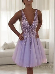 Party Dresse Idea, A-Line/Princess V-neck Short/Mini Tulle Homecoming Dresses With Beading