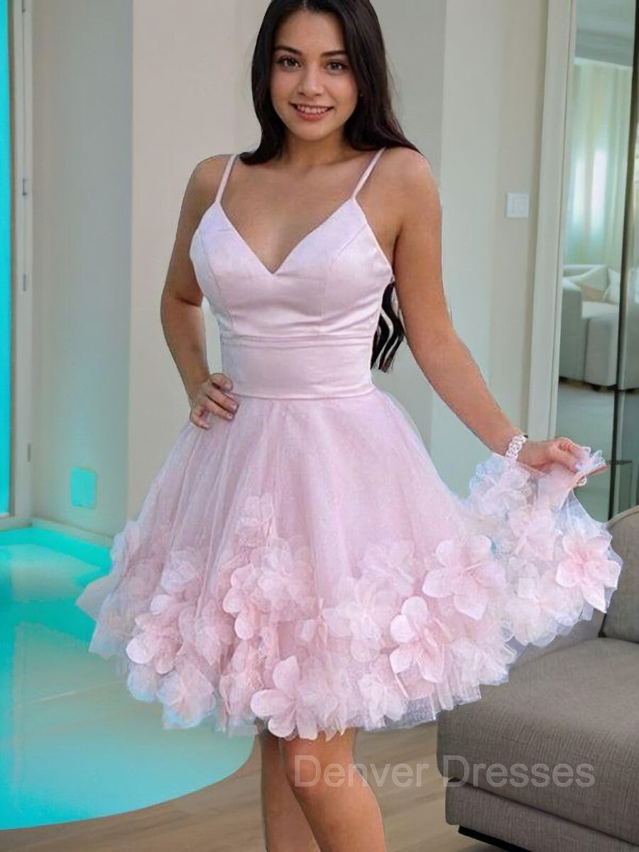 Party Dresses Online Shopping, A-Line/Princess V-neck Short/Mini Tulle Homecoming Dresses With Flower