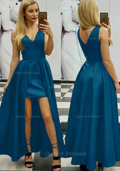 Bridesmaid Dresses Convertible, A-line/Princess V Neck Sleeveless Asymmetrical Satin Prom Dress With Pleated