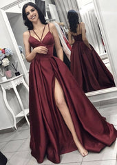 Glam Dress, A-line/Princess V Neck Sleeveless Long/Floor-Length Elastic Satin Evening Dress With Split Pleated