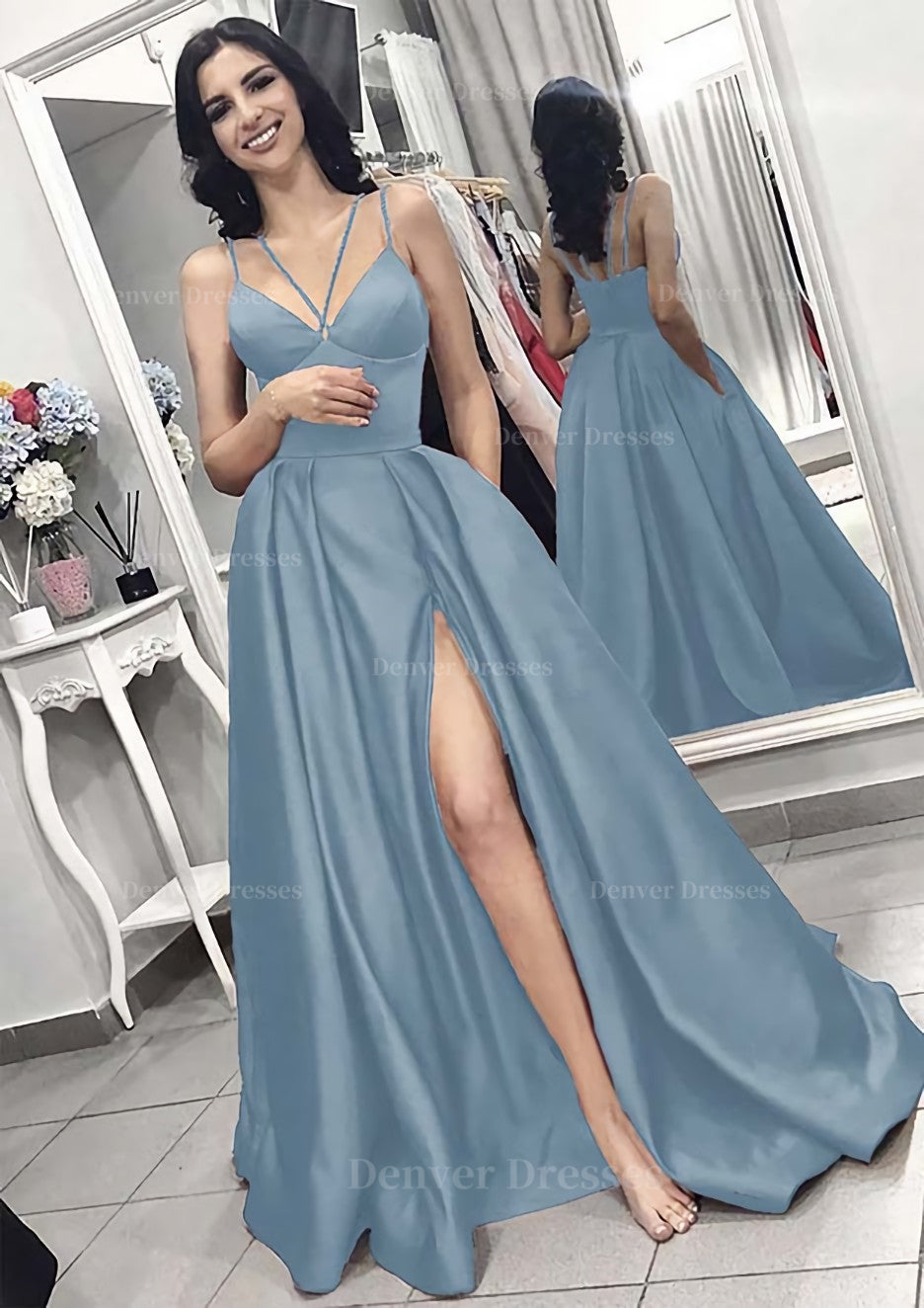 Gown Dress Elegant, A-line/Princess V Neck Sleeveless Long/Floor-Length Elastic Satin Evening Dress With Split Pleated