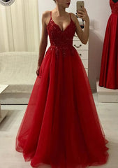 Dream Wedding, A-line/Princess V Neck Sleeveless Long/Floor-Length Prom Dress With Appliqued Beading