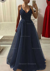 Bridesmaids Dress Modest, A-line/Princess V Neck Sleeveless Long/Floor-Length Prom Dress With Appliqued Beading
