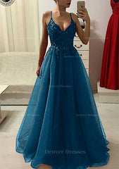 Bridesmaid Dress Modest, A-line/Princess V Neck Sleeveless Long/Floor-Length Prom Dress With Appliqued Beading